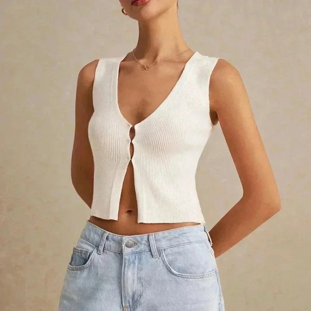 Beige Casual Women's Solid Color Sleeveless Knit Top Tank - Picture 6 of 7